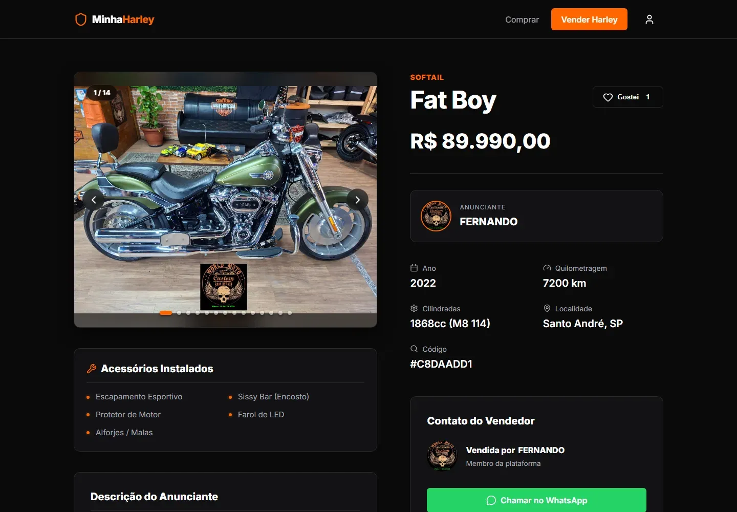 Página de anúncio no Minha Harley: galeria de fotos, preço, ficha técnica, acessórios e contato com o vendedor