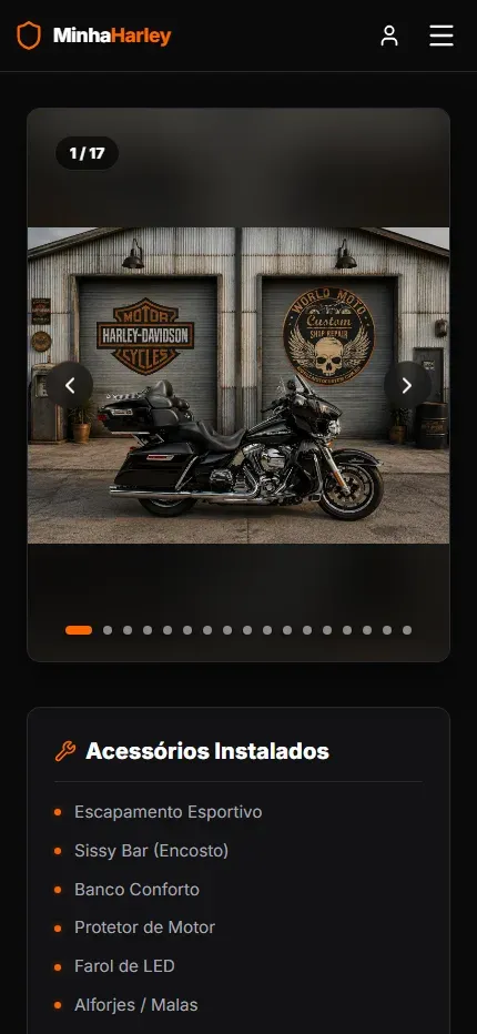 Anúncio do Minha Harley em tela de celular, com foto da moto e ficha técnica