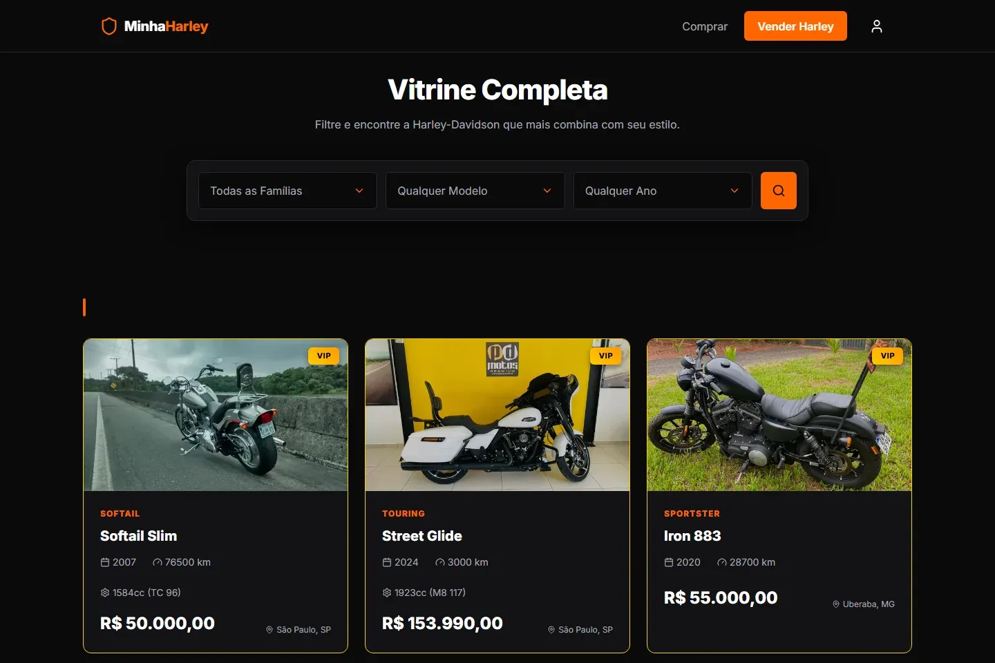 Vitrine do Minha Harley com filtros por família, modelo e ano e anúncios em destaque