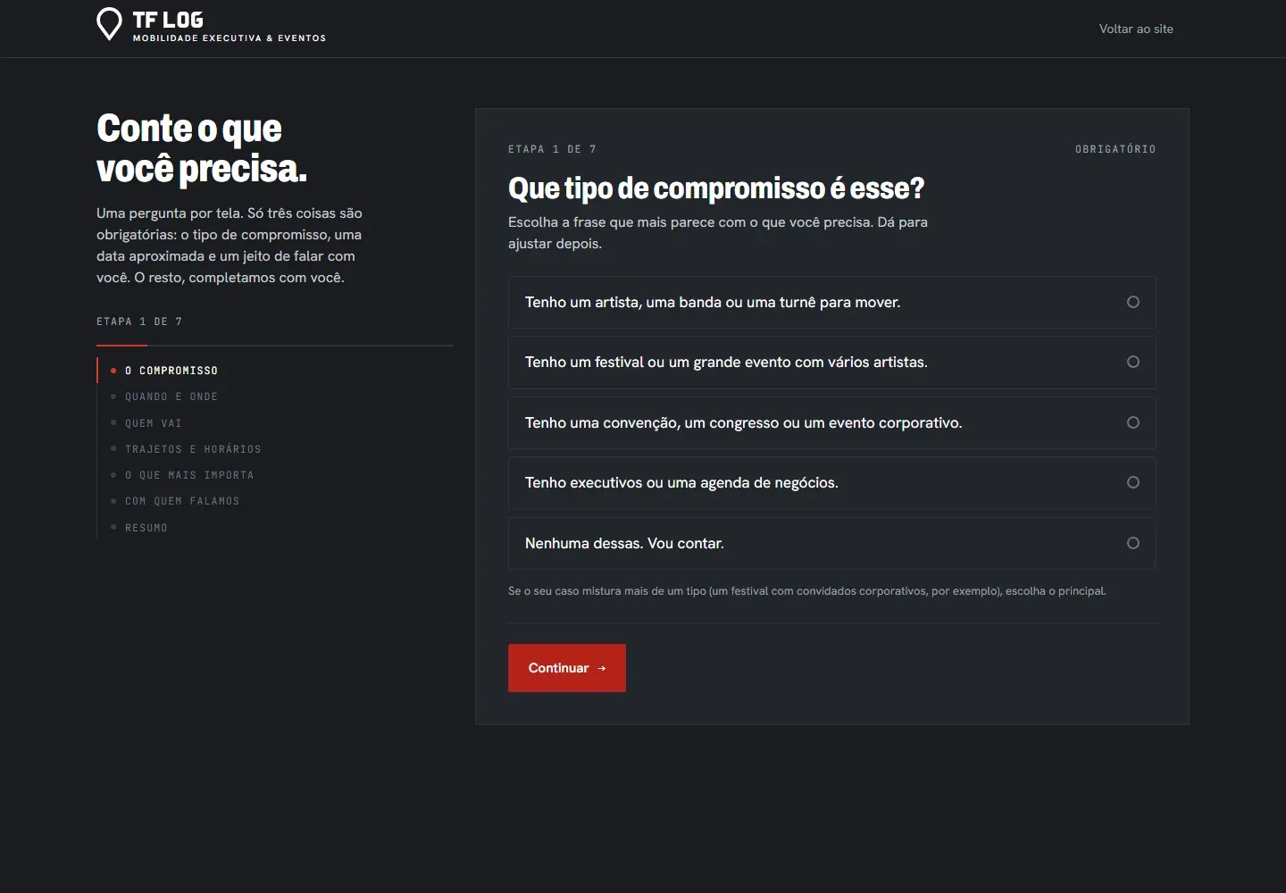 Formulário de captação da TF LOG, etapa "Que tipo de compromisso é esse?"