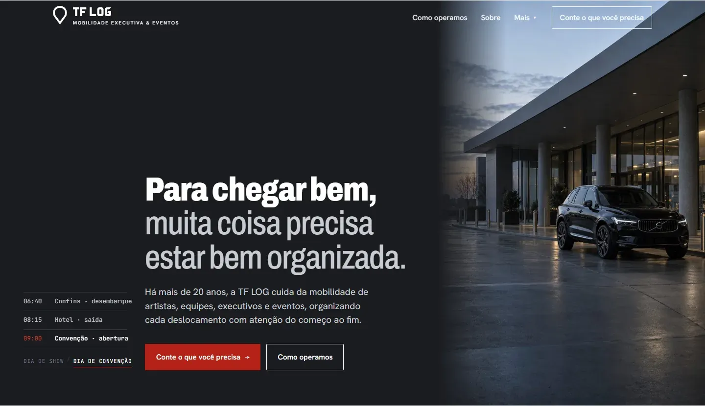 Hero do site da TF LOG: "Para chegar bem, muita coisa precisa estar bem organizada"