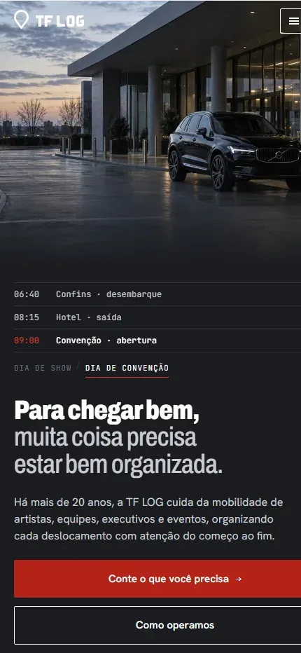 Site da TF LOG em tela de celular